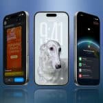 Three iPhones are displayed against a blue gradient background, highlighting iPhone display innovation. The left screen shows a calendar event, the center features a white dog wallpaper, and the right displays notifications over Earth from space.