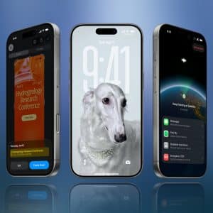 Three iPhones are displayed against a blue gradient background, highlighting iPhone display innovation. The left screen shows a calendar event, the center features a white dog wallpaper, and the right displays notifications over Earth from space.
