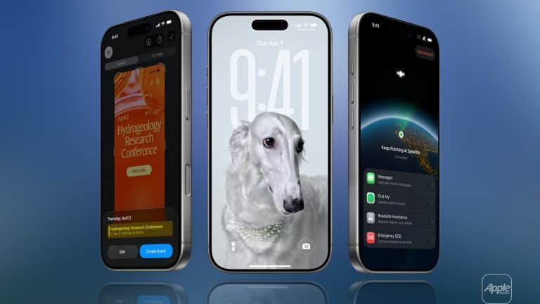 Three iPhones are displayed against a blue gradient background, highlighting iPhone display innovation. The left screen shows a calendar event, the center features a white dog wallpaper, and the right displays notifications over Earth from space.