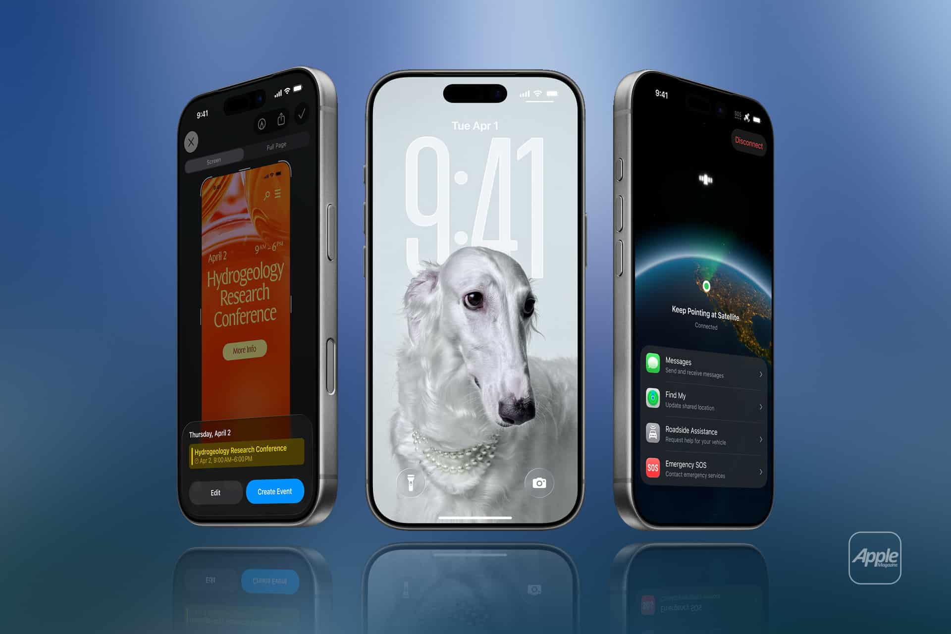 Three iPhones are displayed against a blue gradient background, highlighting iPhone display innovation. The left screen shows a calendar event, the center features a white dog wallpaper, and the right displays notifications over Earth from space.