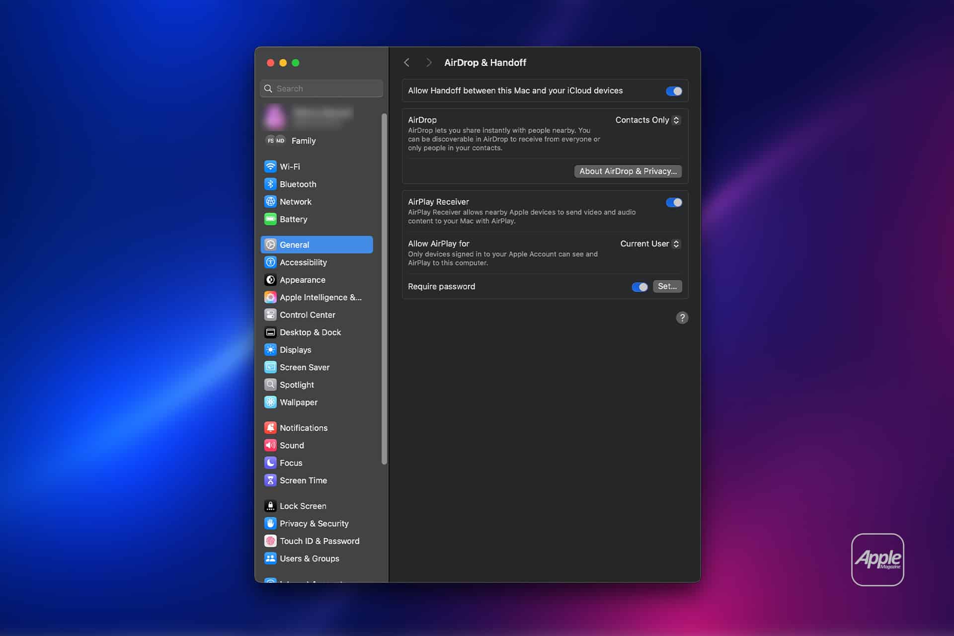 Screenshot of a Mac system settings window showing AirDrop & Handoff options, including Universal Clipboard timing, under the General tab. The dark theme and a blue-and-pink gradient background are featured, with the Apple logo in the lower right corner.