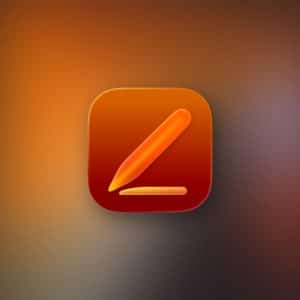 A square orange app icon with a stylized pencil and line, set against a blurred orange and brown background. The word "Apple" appears faintly in the lower right corner, hinting at Pages export formats compatibility.