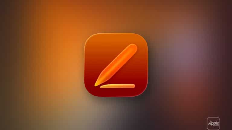 A square orange app icon with a stylized pencil and line, set against a blurred orange and brown background. The word "Apple" appears faintly in the lower right corner, hinting at Pages export formats compatibility.