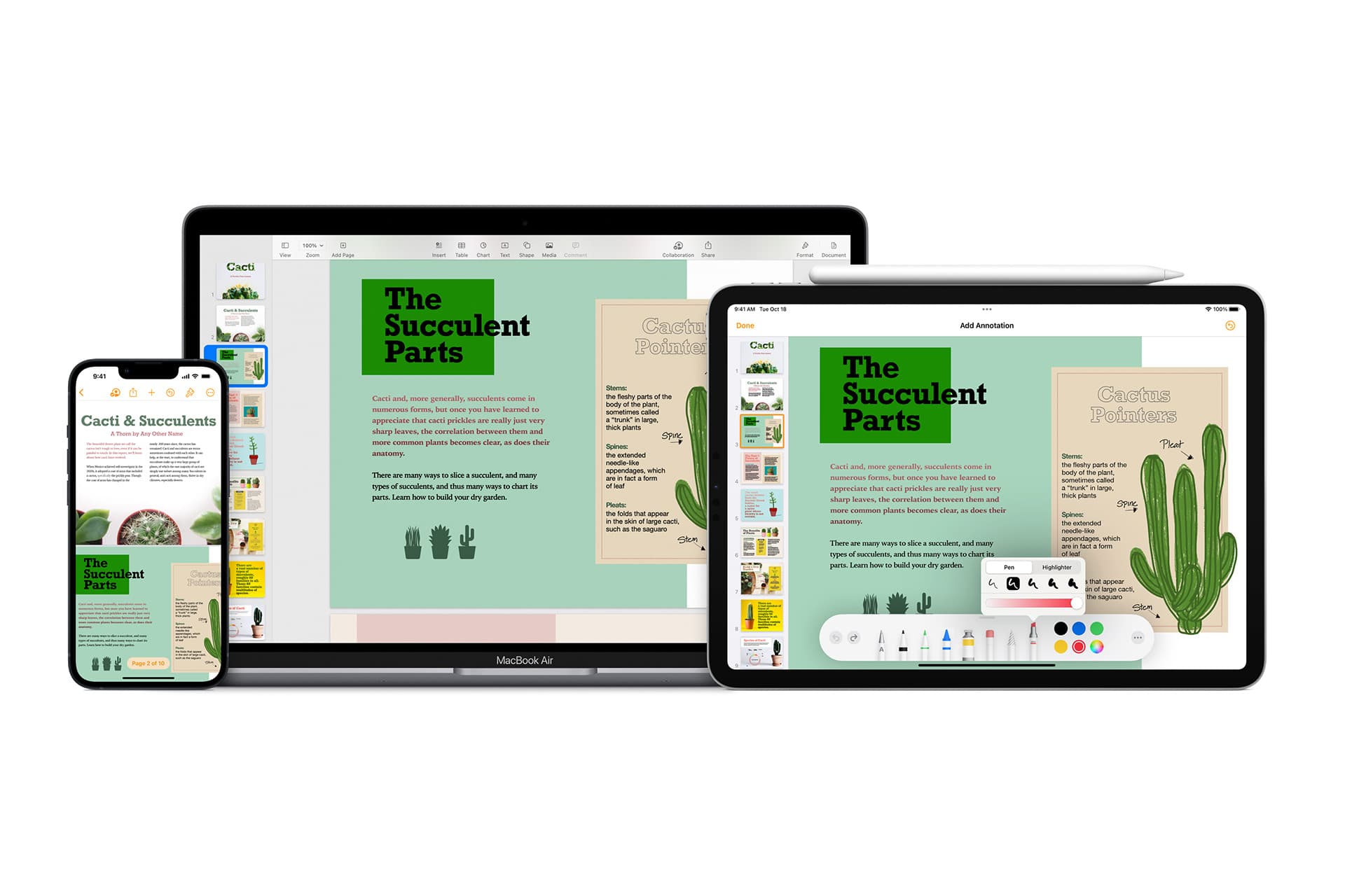 An iPhone, MacBook, and iPad display the same digital document about cacti and succulents, highlighting cross-device compatibility and various Pages export formats. The screens show green and beige pages with plant images and text.