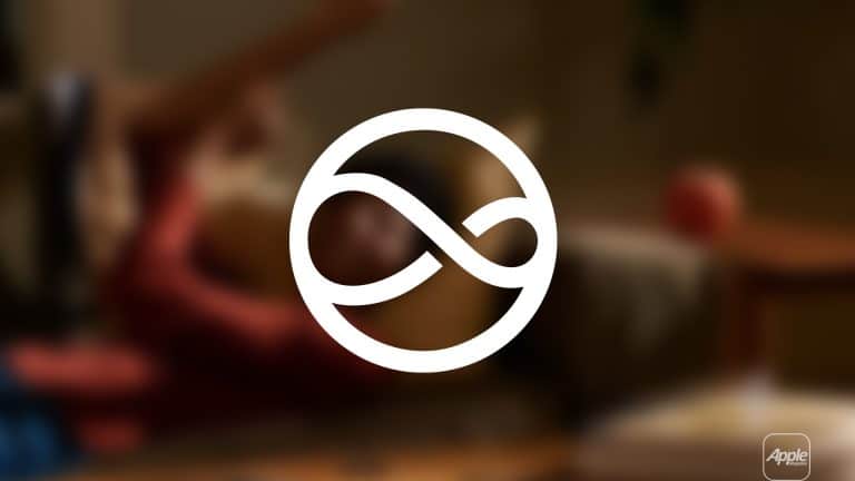A white infinity symbol inside a circle is centered on a blurred background, with the Apple logo and a nod to the new Siri AI agent visible in the bottom right corner.
