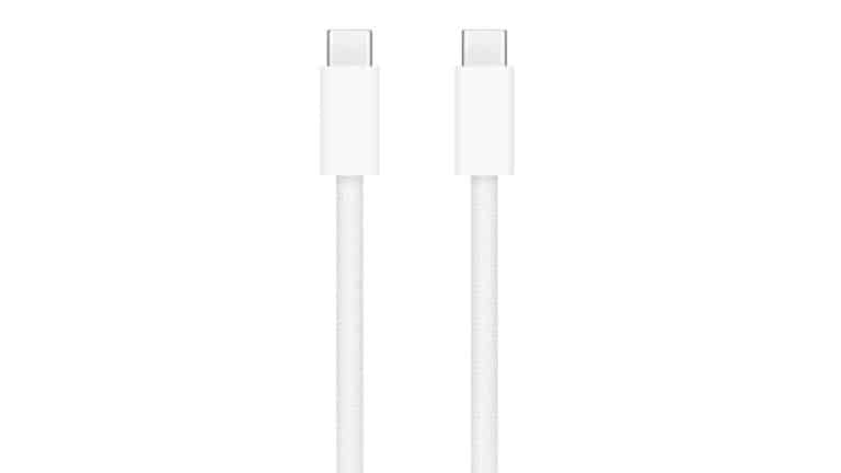 Two USB-C braided cables with a white, textured finish are shown side by side, both connectors facing upward against a plain white background.