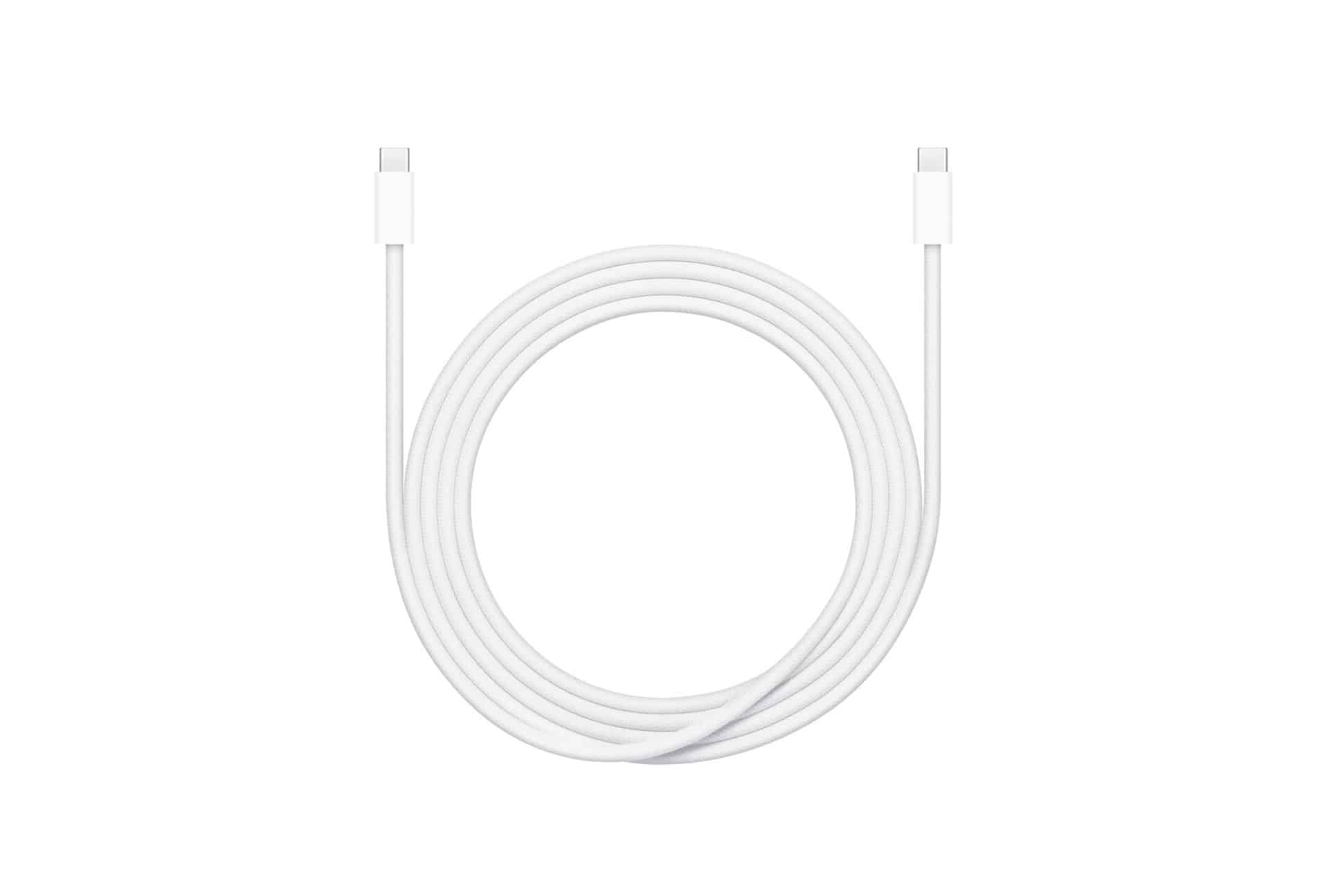 A coiled white USB-C braided cable is displayed on a plain white background, combining durability with a sleek, minimalist look.