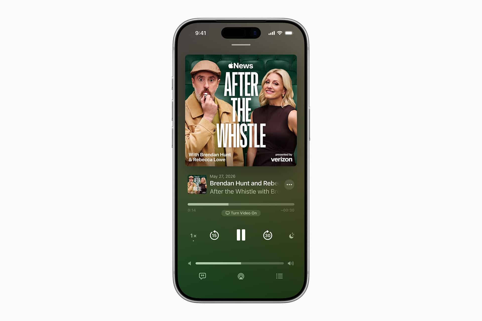 An iPhone displays the Apple News podcast “After the Whistle,” with episode artwork and playback controls on screen.