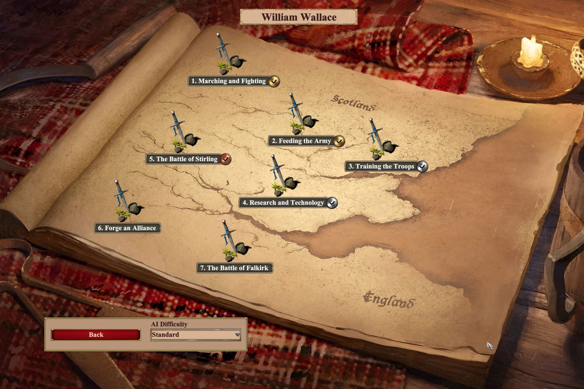 An old map of Scotland and England lies on a table with a tartan cloth and candle. Seven missions, marked by sword or helmet icons, trace William Wallace’s campaign—perfect for fans of Age of Empires II Mac and macOS gaming. Game menu options are visible below.