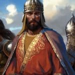Three armored men stand together; the central figure wears ornate golden armor and a red robe, flanked by two warriors in helmets and chainmail. A dramatic sky and mountains evoke the epic battles of Age of Empires II on Steam Mac.