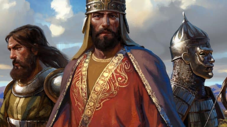 Three armored men stand together; the central figure wears ornate golden armor and a red robe, flanked by two warriors in helmets and chainmail. A dramatic sky and mountains evoke the epic battles of Age of Empires II on Steam Mac.