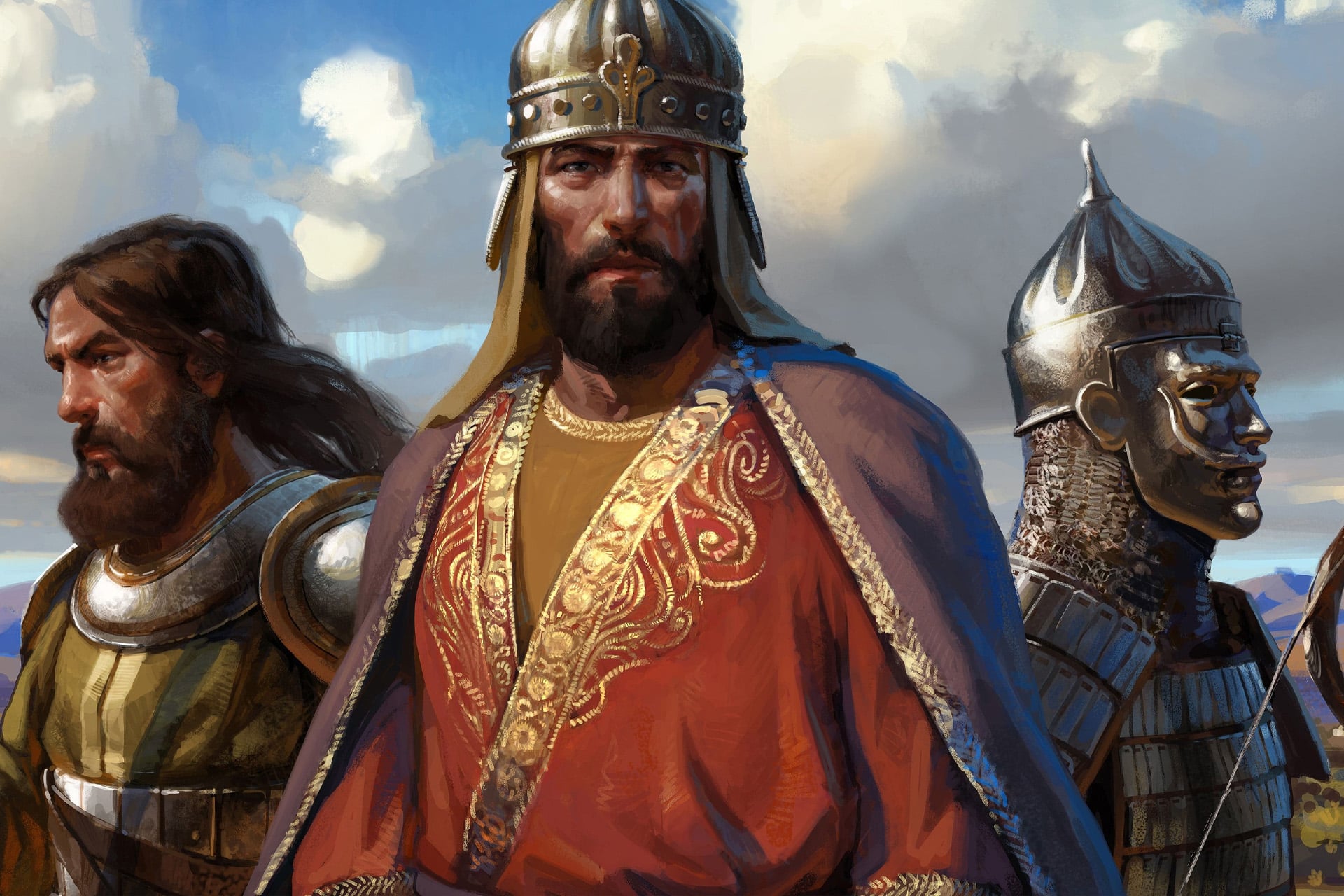 Three armored men stand together; the central figure wears ornate golden armor and a red robe, flanked by two warriors in helmets and chainmail. A dramatic sky and mountains evoke the epic battles of Age of Empires II on Steam Mac.