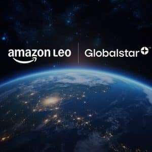 View of Earth from space at night with city lights aglow and a starry sky background. The Amazon Globalstar logos are displayed prominently above the planet.