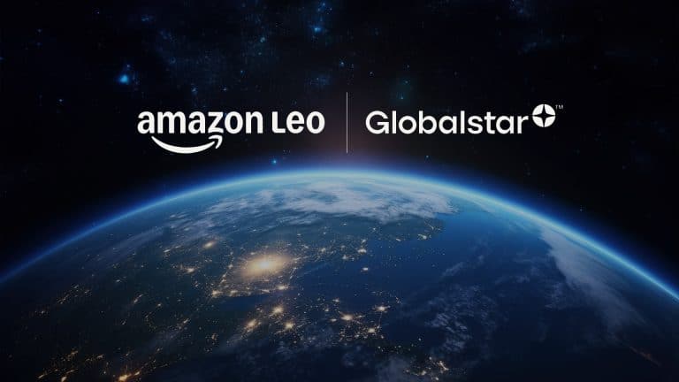 View of Earth from space at night with city lights aglow and a starry sky background. The Amazon Globalstar logos are displayed prominently above the planet.