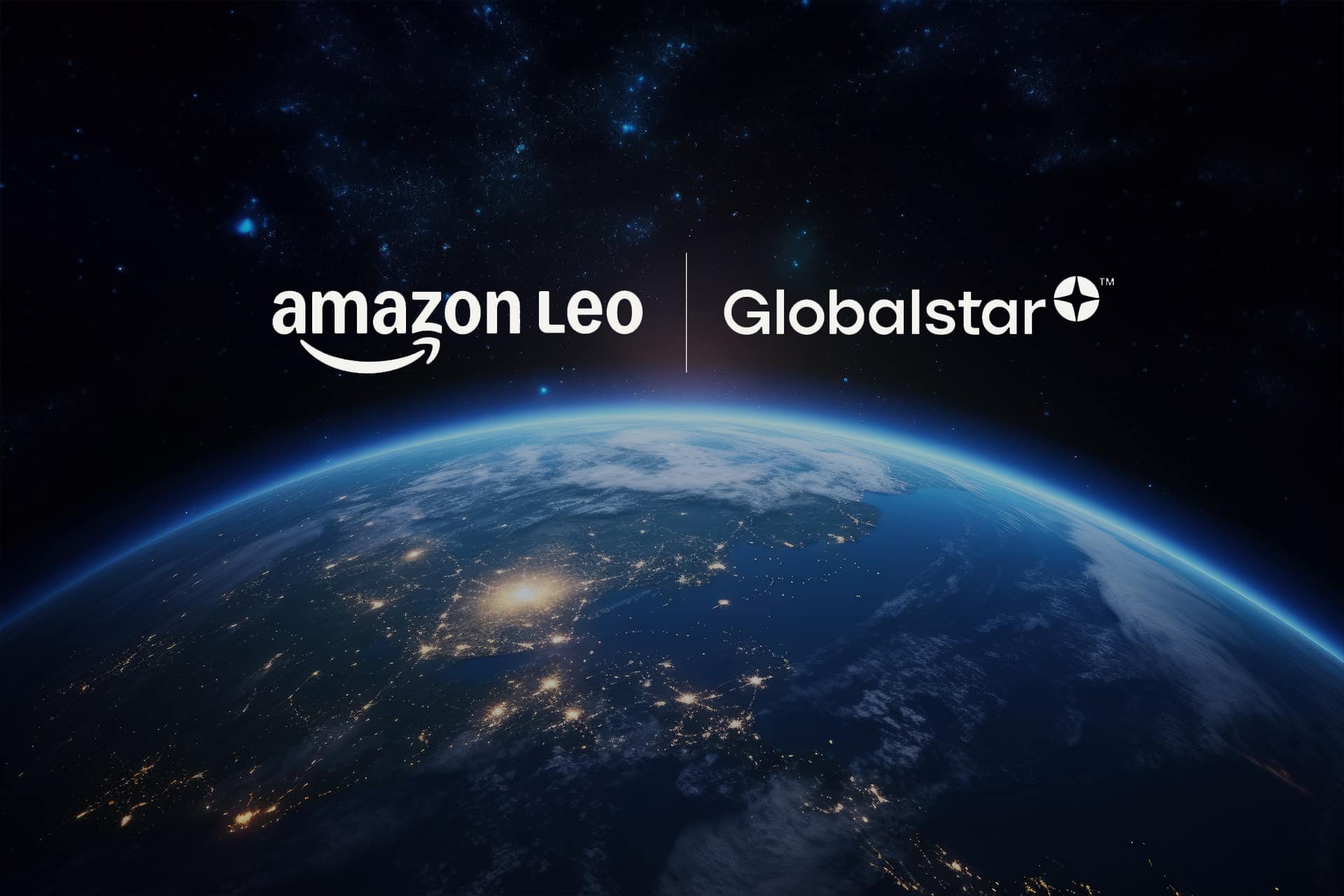 View of Earth from space at night with city lights aglow and a starry sky background. The Amazon Globalstar logos are displayed prominently above the planet.