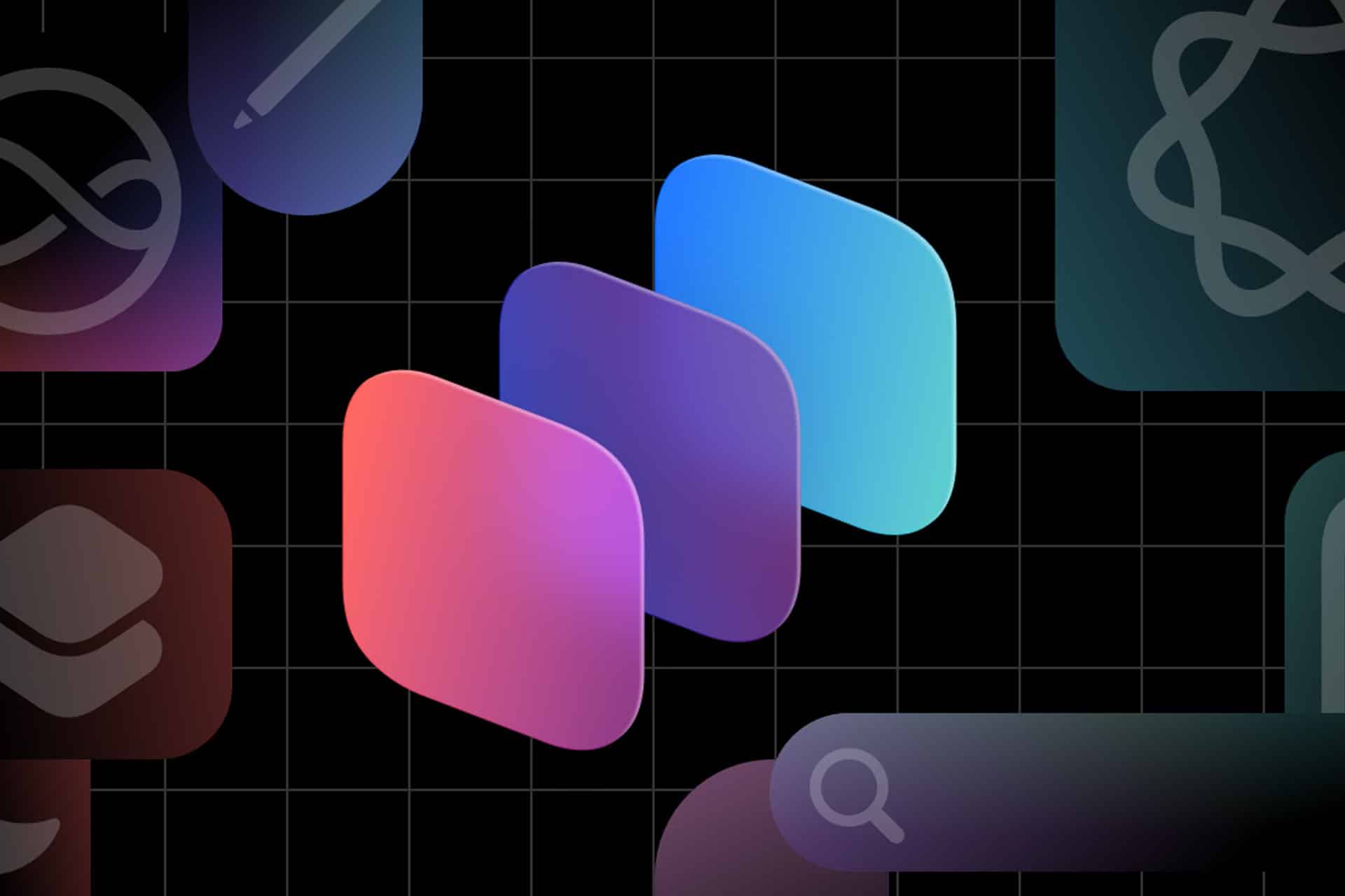 Three overlapping rounded rectangles in pink, purple, and blue appear at the center of a dark grid background, surrounded by abstract icons and shapes in various colors—hinting at innovations like Siri 2.0 and iOS 27 for WWDC26.