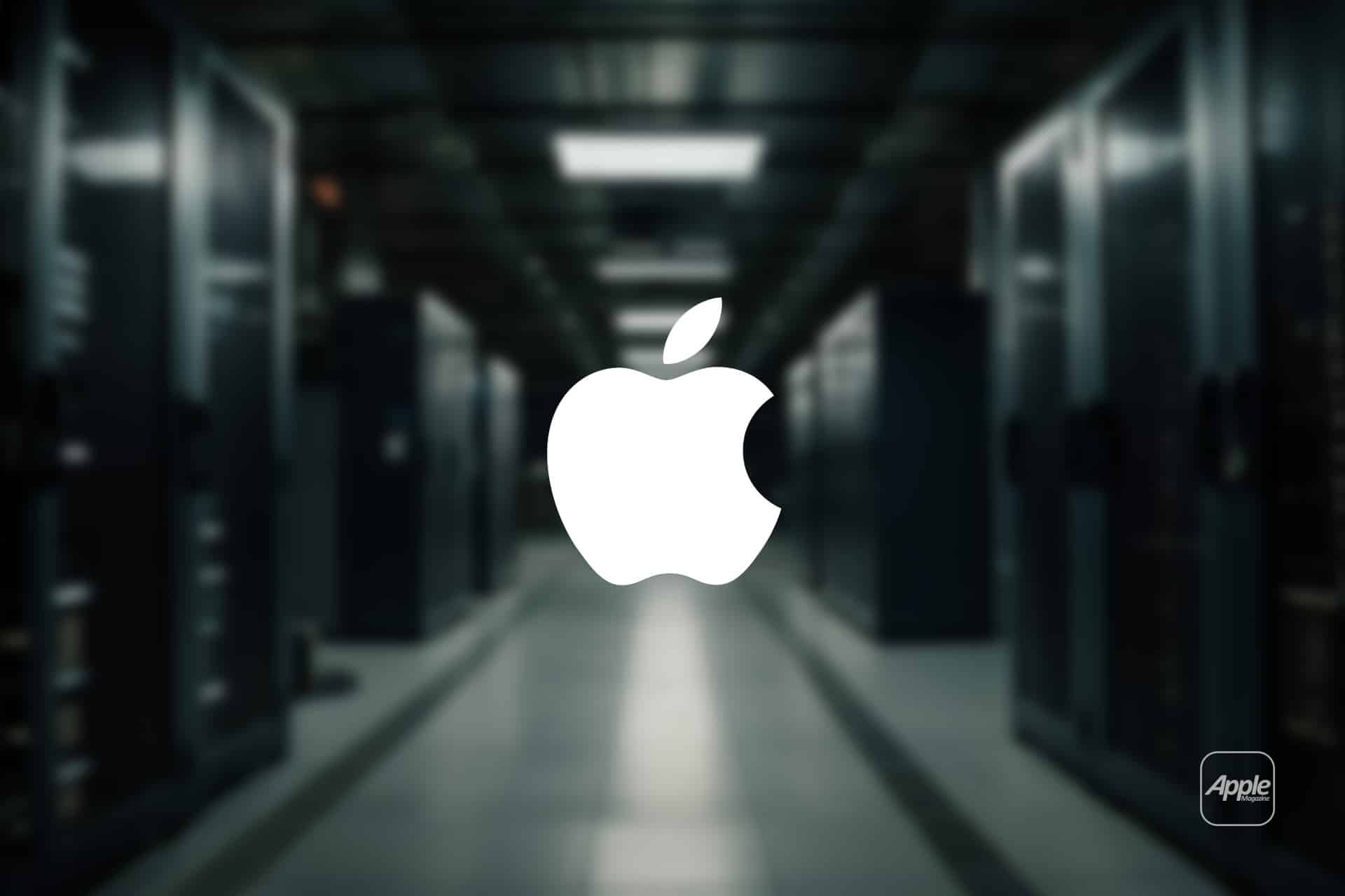 A large white Apple logo is centered over a blurred background of a server room, hinting at rising AI server demand, with rows of server racks and dim lighting. The Apple branding also appears in a small icon at the lower right corner.
