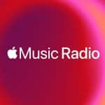 Apple Music Radio logo centered on a vibrant, abstract red and pink gradient background, featuring the white Apple logo and "Apple Music Radio" text.