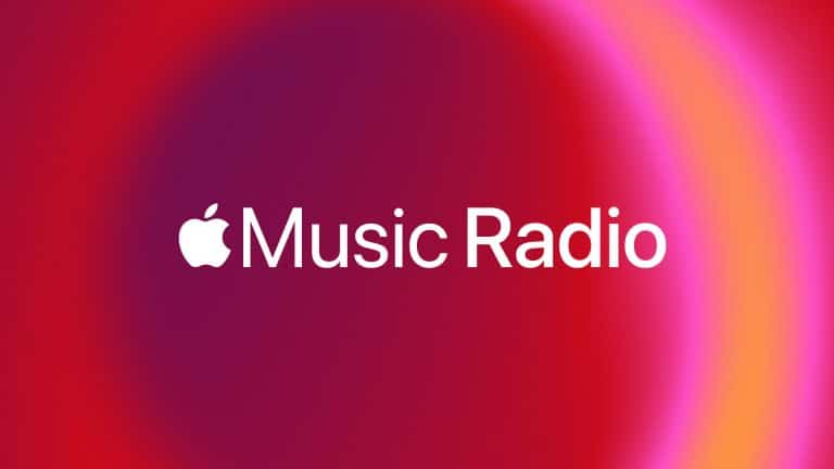 Apple Music Radio logo centered on a vibrant, abstract red and pink gradient background, featuring the white Apple logo and "Apple Music Radio" text.
