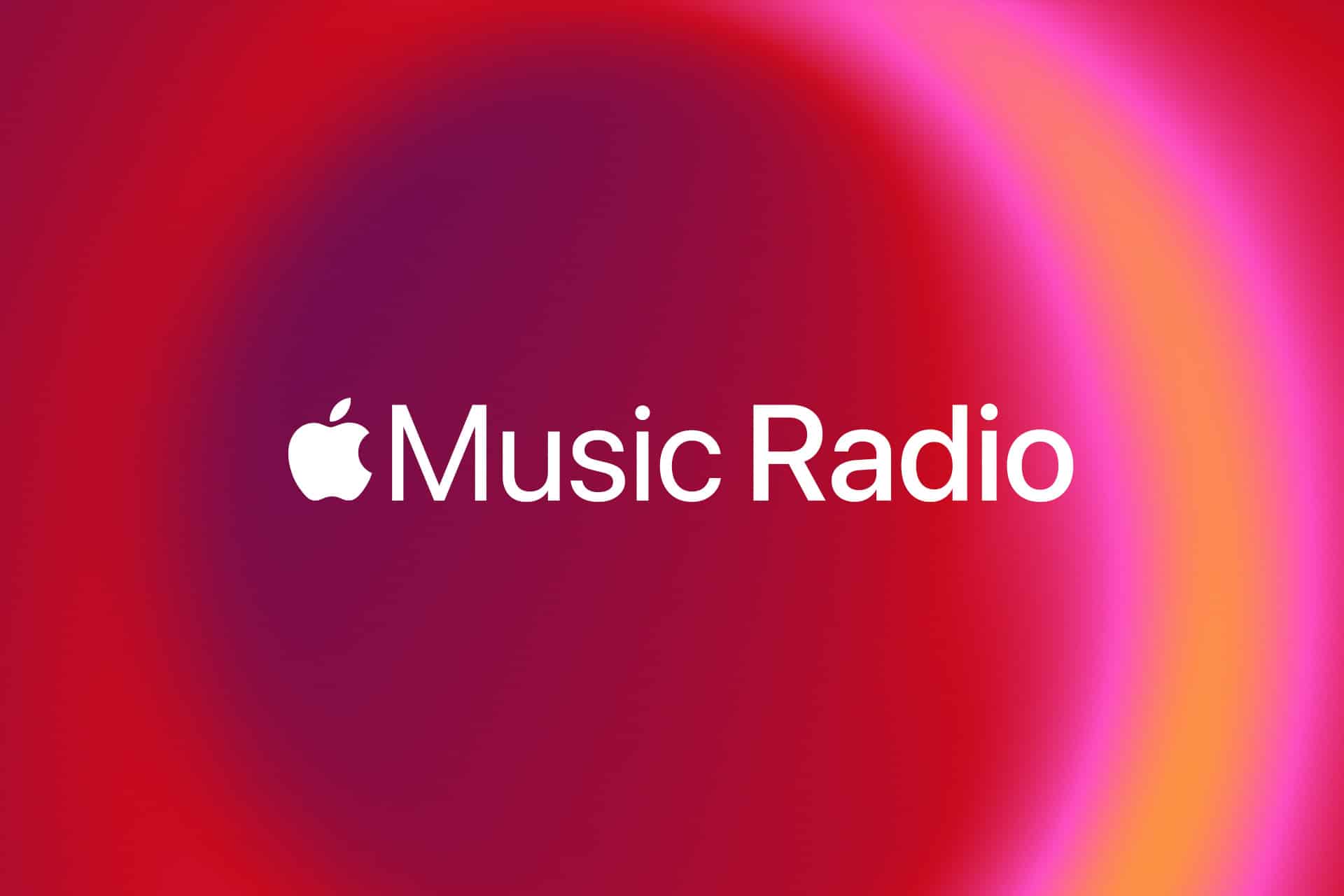 Apple Music Radio logo centered on a vibrant, abstract red and pink gradient background, featuring the white Apple logo and "Apple Music Radio" text.