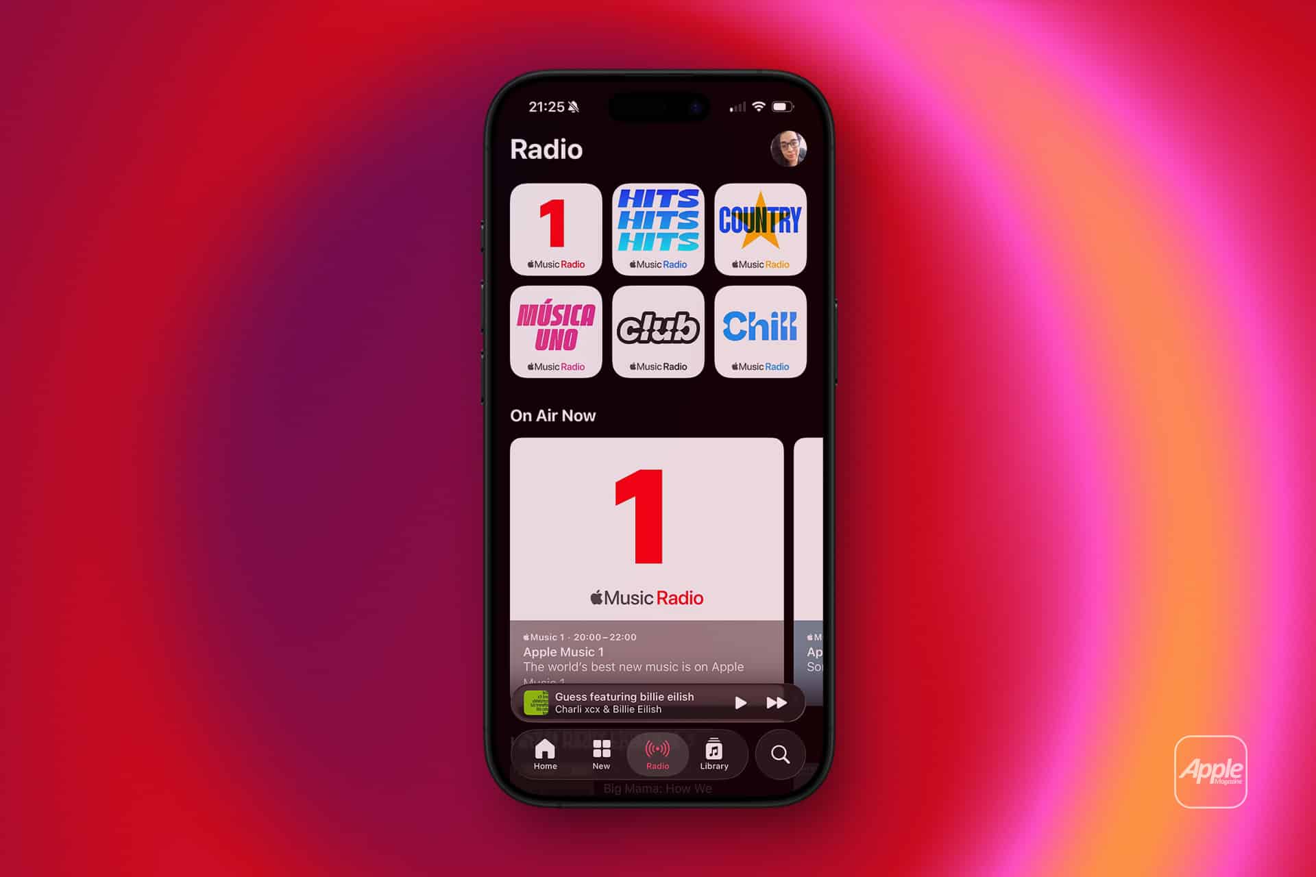 A smartphone displays the Apple Music Radio app screen, showcasing various radio station icons on a bright pink and purple gradient background. The Apple logo appears in the lower right corner.