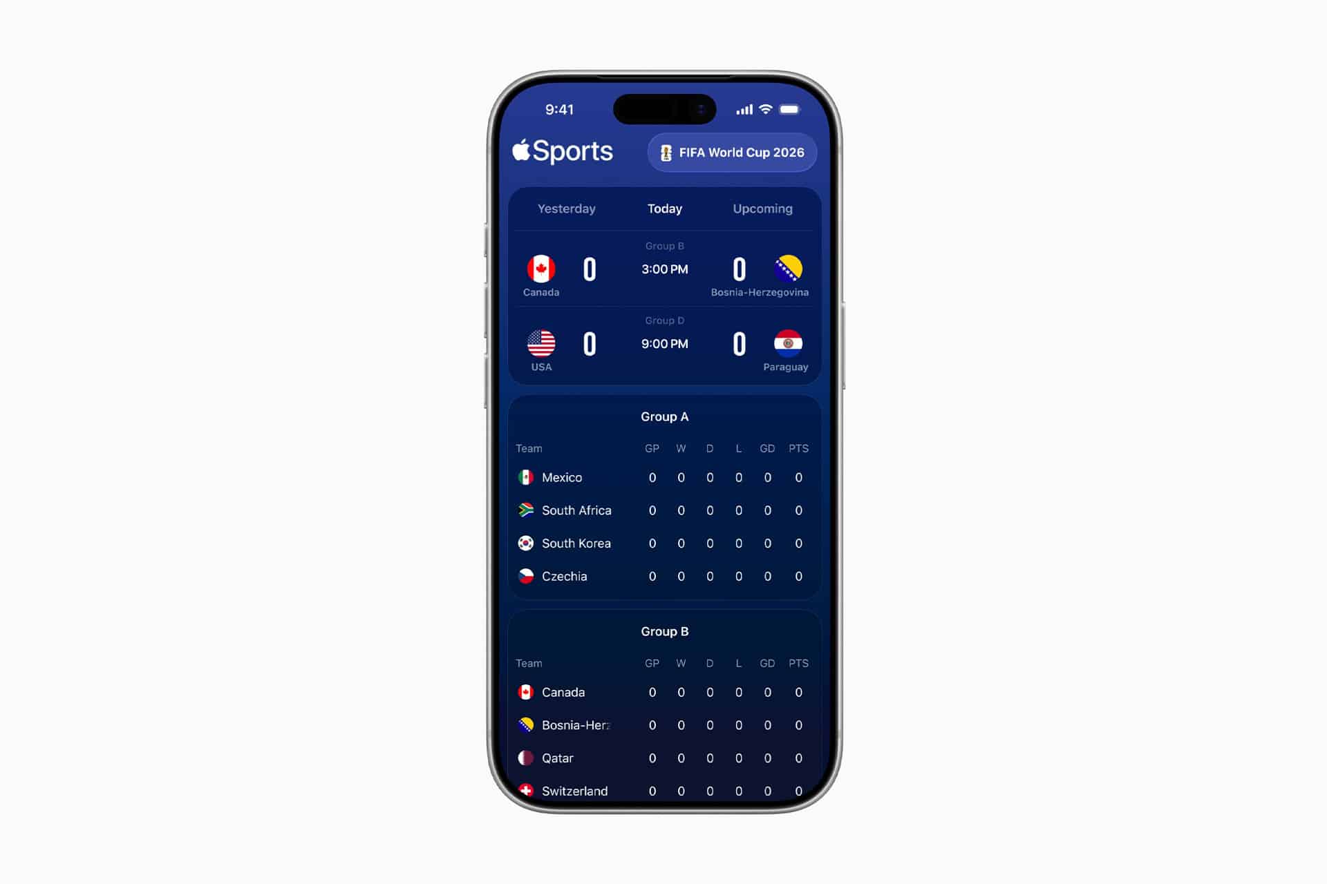 A smartphone displays a sports app with FIFA World Cup scores, featuring Live Activities for upcoming matches and group standings for teams like Canada, USA, Mexico, South Korea, and others on the road to World Cup 2026.