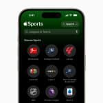 A smartphone screen displays the Apple Sports app, highlighting icons for leagues like Bundesliga, College Football, LaLiga, Liga MX, Ligue 1, Men's College Basketball, NHL, Premier League, and Serie A—all in one convenient hub.