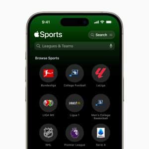 A smartphone screen displays the Apple Sports app, highlighting icons for leagues like Bundesliga, College Football, LaLiga, Liga MX, Ligue 1, Men's College Basketball, NHL, Premier League, and Serie A—all in one convenient hub.