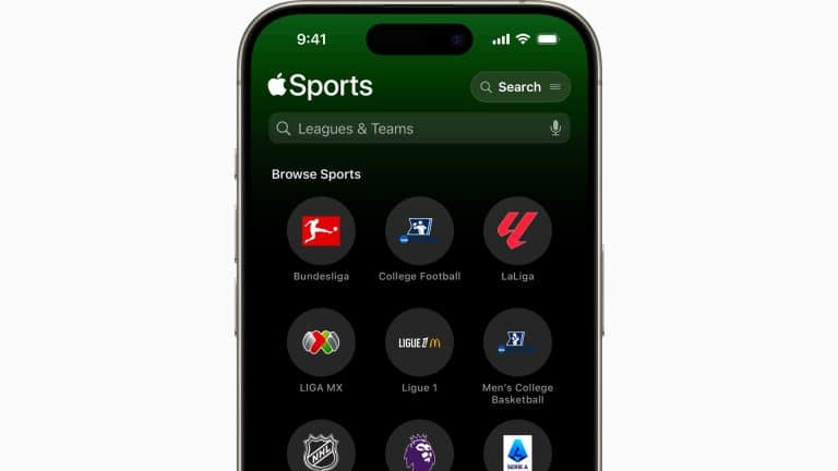A smartphone screen displays the Apple Sports app, highlighting icons for leagues like Bundesliga, College Football, LaLiga, Liga MX, Ligue 1, Men's College Basketball, NHL, Premier League, and Serie A—all in one convenient hub.