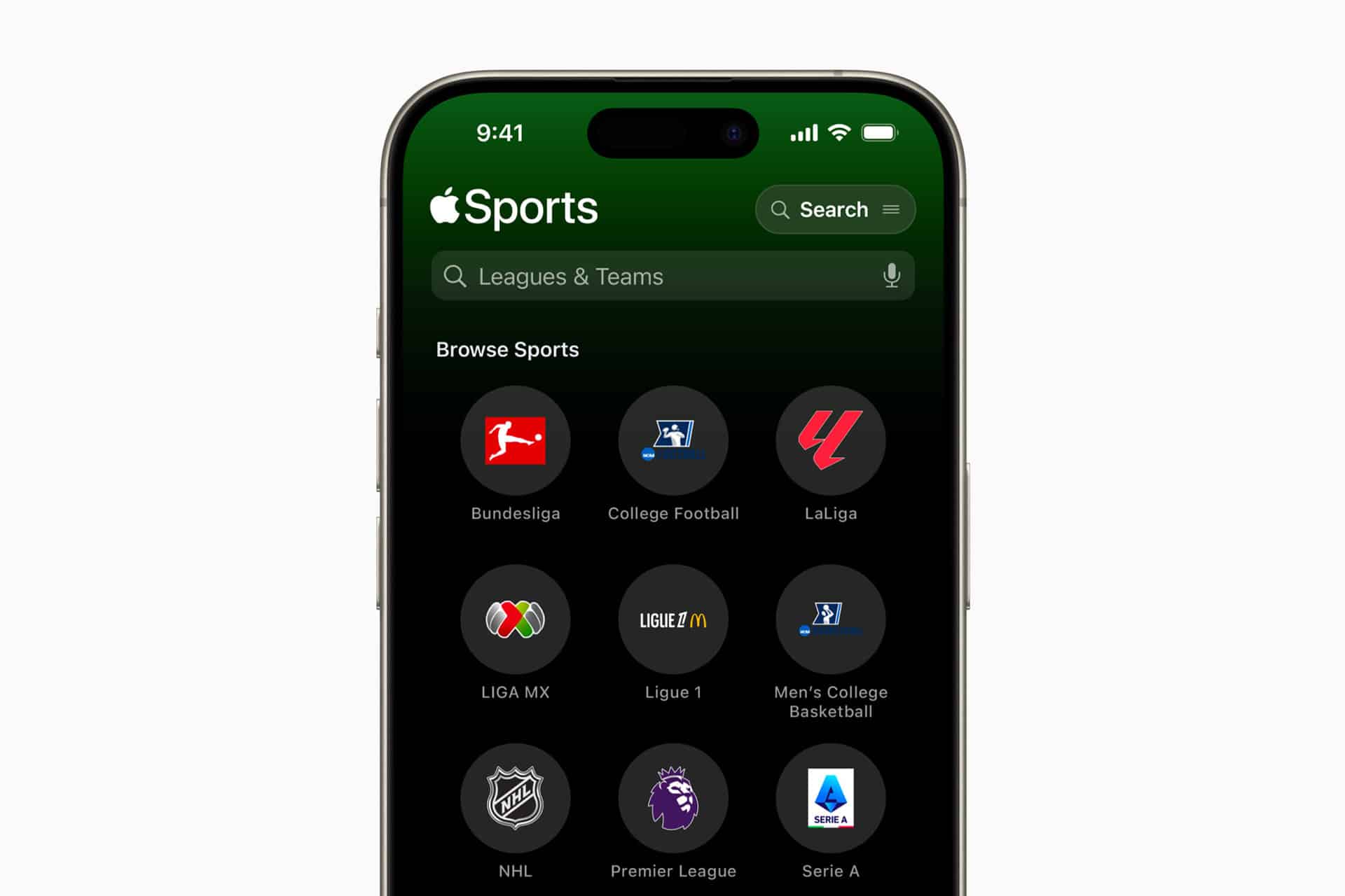 A smartphone screen displays the Apple Sports app, highlighting icons for leagues like Bundesliga, College Football, LaLiga, Liga MX, Ligue 1, Men's College Basketball, NHL, Premier League, and Serie A—all in one convenient hub.