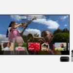 A TV displays a photo memories interface with children playing trumpets, with an Apple TV device and remote shown beside it.