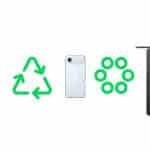 Apple devices shown alongside green recycling symbols on a white background.