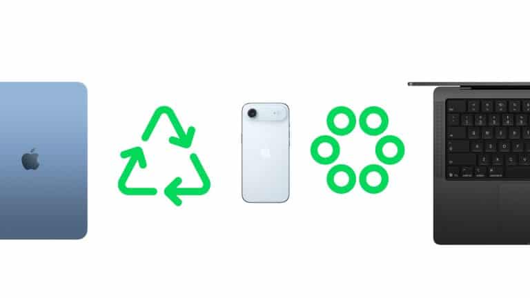 Apple devices shown alongside green recycling symbols on a white background.