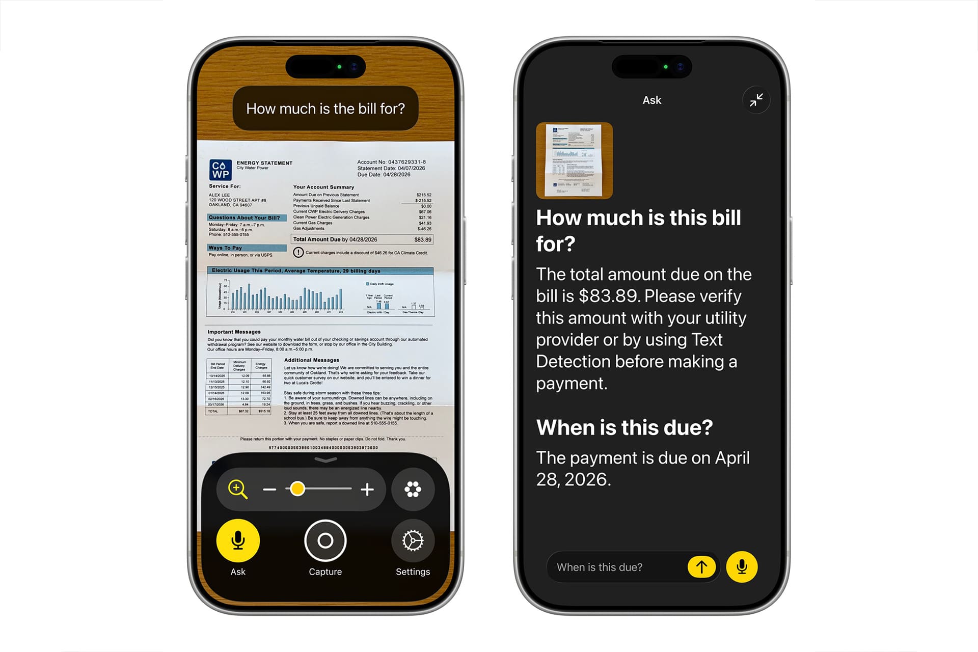 Two smartphones display a camera app, enhanced with Apple accessibility features, scanning a utility bill. The app shows the bill amount as $83.89 and the due date as April 28, 2026, with text suggestions and controls visible on both screens.