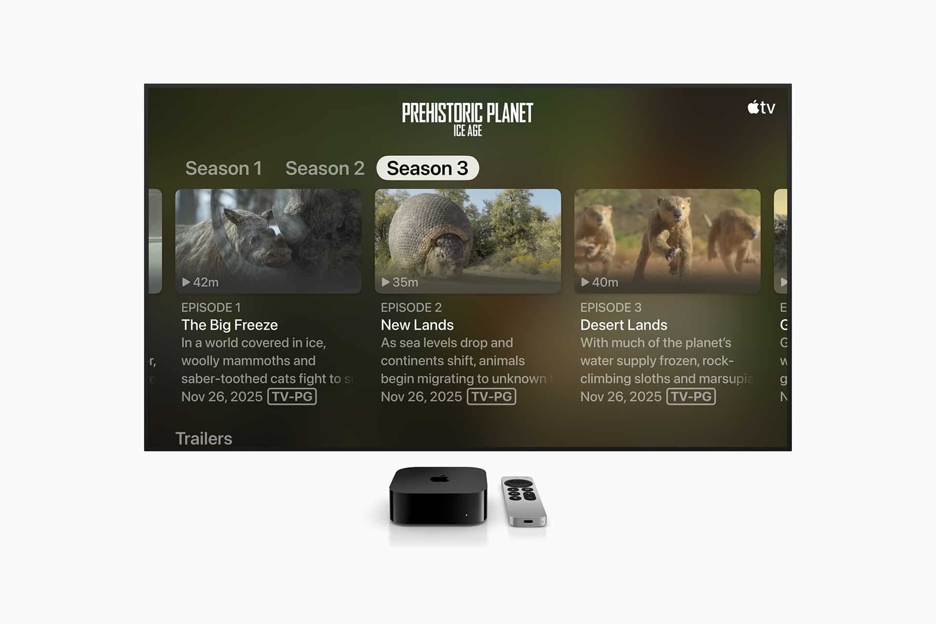 A TV screen displays the show "Prehistoric Planet: Ice Age," highlighting Season 3 episodes with images of prehistoric animals, episode titles, durations, and ratings. Apple accessibility features enhance navigation on the Apple TV device and remote below the screen.