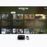 A TV screen displays “Prehistoric Planet: Ice Age” Season 3 on Apple TV, with an Apple TV device and remote in front on a white surface, showcasing Apple accessibility features for an inclusive viewing experience.