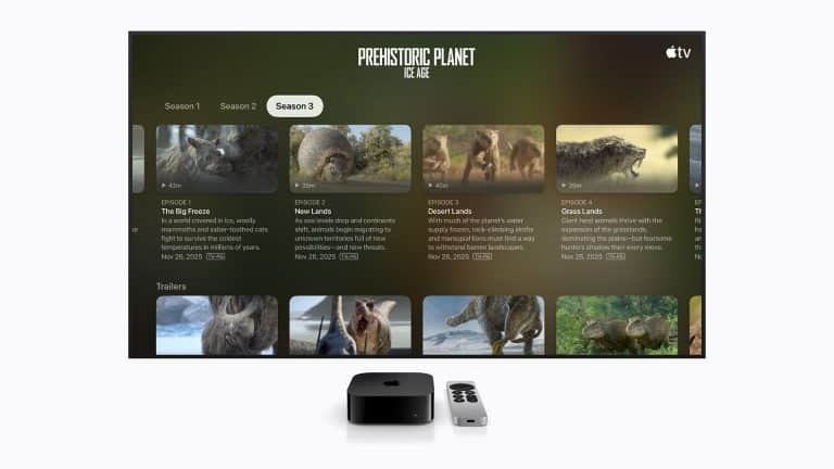 A TV screen displays “Prehistoric Planet: Ice Age” Season 3 on Apple TV, with an Apple TV device and remote in front on a white surface, showcasing Apple accessibility features for an inclusive viewing experience.