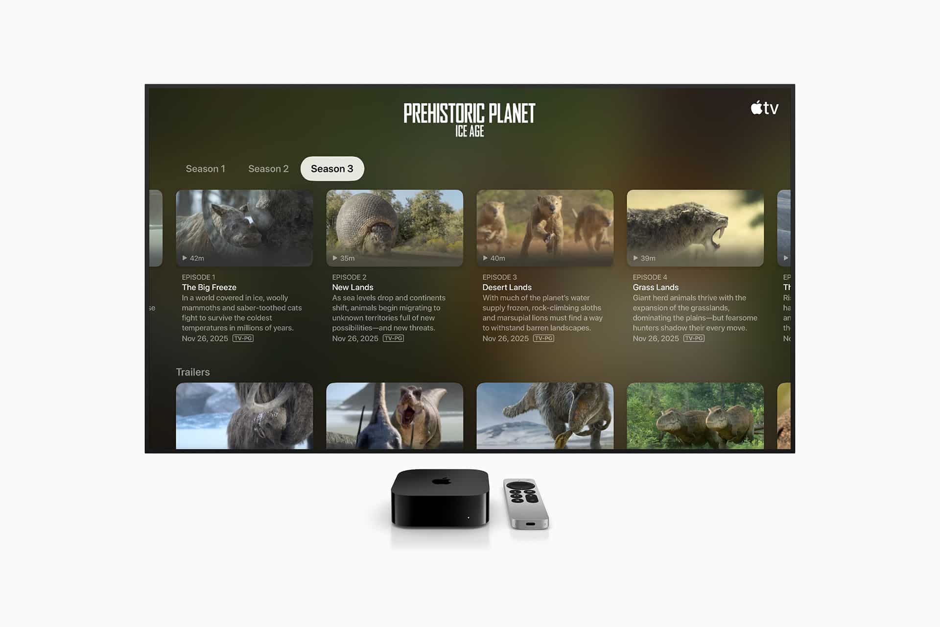 A TV screen displays “Prehistoric Planet: Ice Age” Season 3 on Apple TV, with an Apple TV device and remote in front on a white surface, showcasing Apple accessibility features for an inclusive viewing experience.