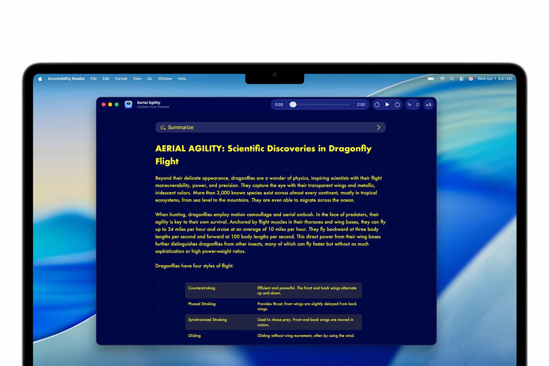 A laptop screen displays an article titled "Aerial Agility: Scientific Discoveries in Dragonfly Flight" with yellow text on a navy blue background. The screen shows highlighted headings and a list in Apple accessibility reader mode.