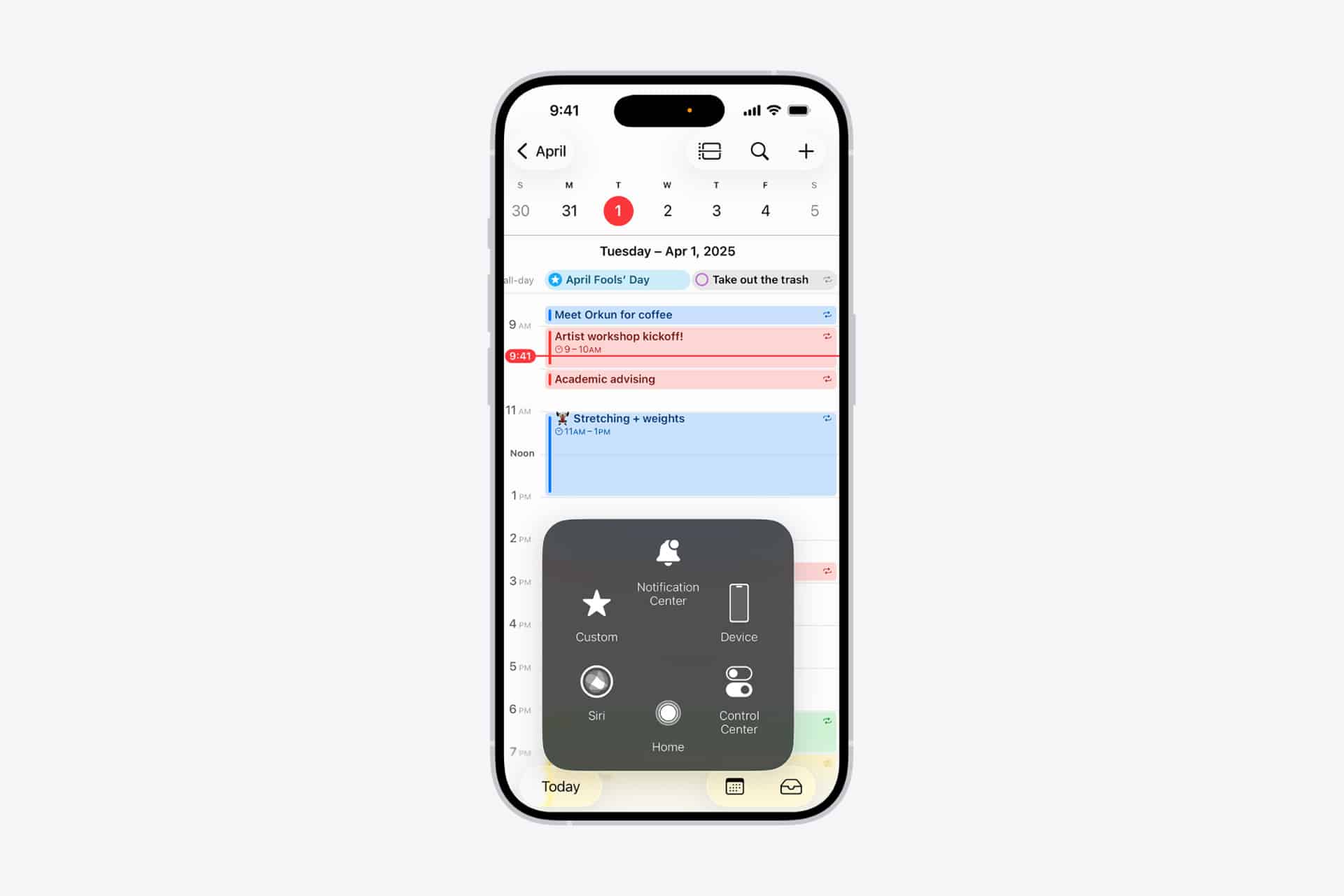 A smartphone displaying a calendar app with events for April 1, 2025, and the AssistiveTouch menu open, featuring options like Notification Center, Device, Control Center, Home—and incorporating iPhone Eye Tracking accessibility features.