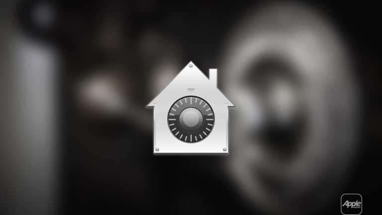 A metallic house-shaped icon with a combination lock dial in the center, symbolizing FileVault security, appears over a blurred background. The Apple logo is visible in the lower right corner.