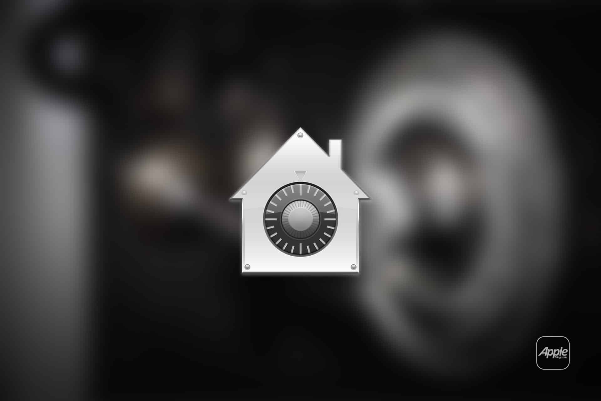 A metallic house-shaped icon with a combination lock dial in the center, symbolizing FileVault security, appears over a blurred background. The Apple logo is visible in the lower right corner.