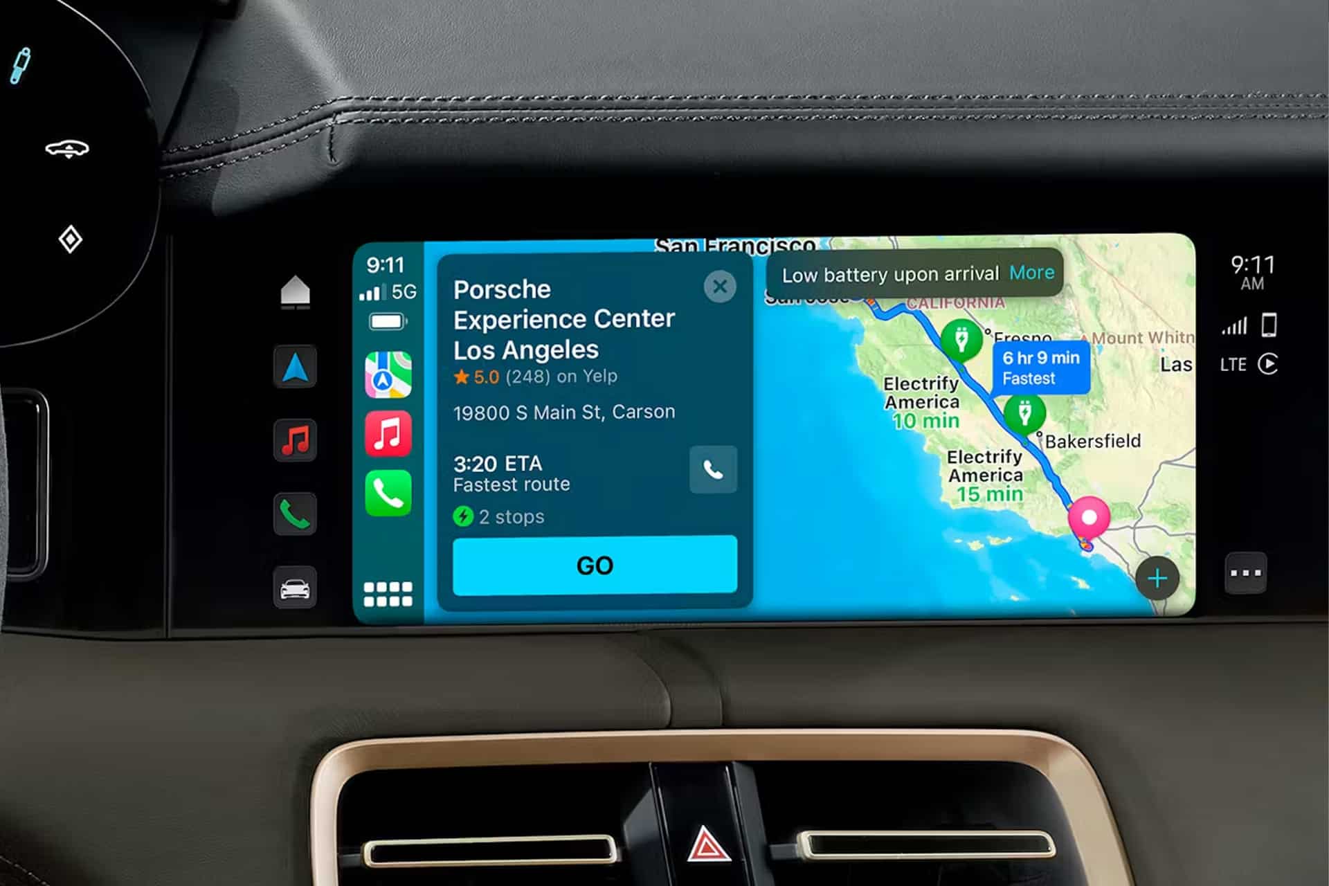 A car dashboard display with CarPlay EV routing shows navigation directions to the Porsche Experience Center Los Angeles, with an estimated arrival time of 3:20 and a prompt to follow the fastest route. A map with points of interest is visible on the right.