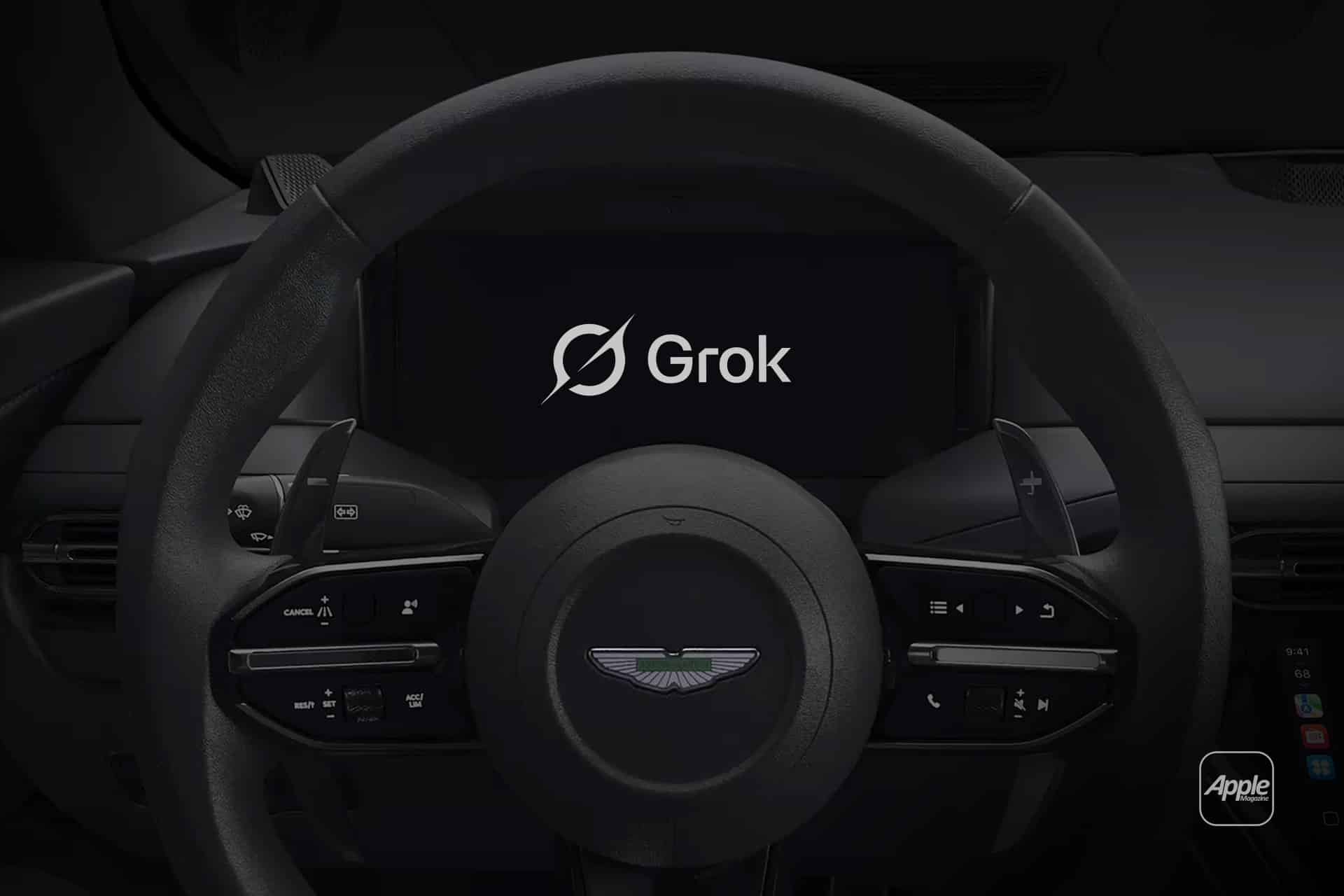 A car steering wheel with the Aston Martin logo, dashboard controls, and a central display screen showing "Grok Voice" with its logo. An Apple logo appears in the lower right corner.