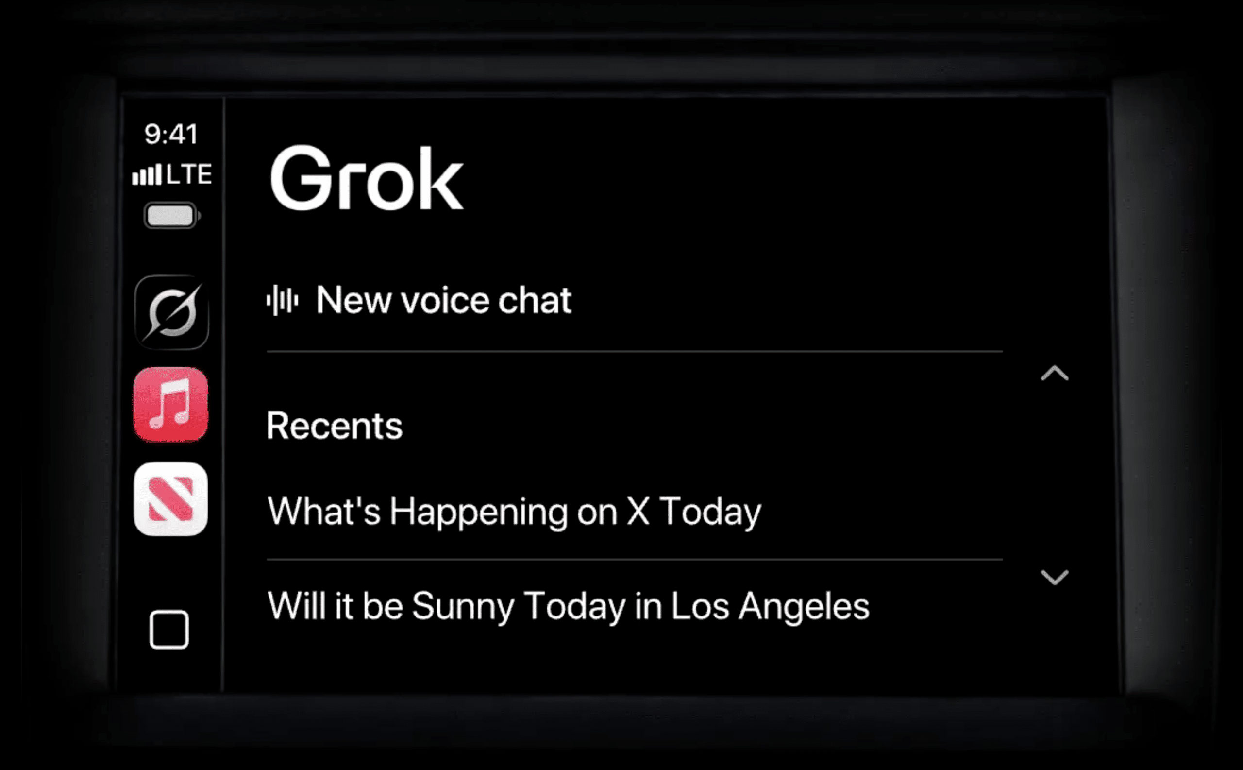 A digital display shows a screen titled “Grok Voice” with options like “New voice chat,” “Recents,” “What’s Happening on X Today,” and weather in Los Angeles. The time reads 9:41 and LTE signal is visible, hinting at grok carplay integration.