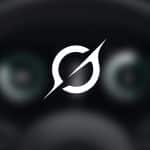 A white, stylized circular logo with a diagonal slash is centered on a blurred dark background resembling a car dashboard, evoking Grok CarPlay. The Apple logo appears in the bottom right corner.