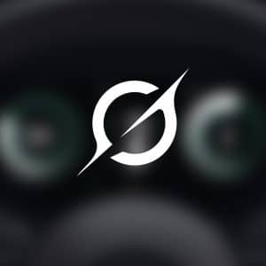 A white, stylized circular logo with a diagonal slash is centered on a blurred dark background resembling a car dashboard, evoking Grok CarPlay. The Apple logo appears in the bottom right corner.