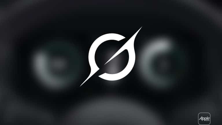 A white, stylized circular logo with a diagonal slash is centered on a blurred dark background resembling a car dashboard, evoking Grok CarPlay. The Apple logo appears in the bottom right corner.