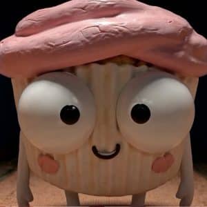 A cartoon cupcake with big googly eyes, a pink frosted top, blushing cheeks, and a small smile stands upright on a wooden floor inside a dimly lit room, as if ready to star in one of those quirky Prime Video AI shows.