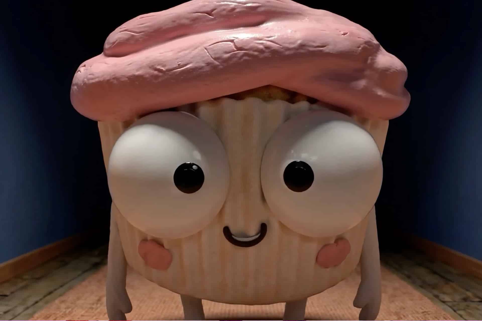 A cartoon cupcake with big googly eyes, a pink frosted top, blushing cheeks, and a small smile stands upright on a wooden floor inside a dimly lit room, as if ready to star in one of those quirky Prime Video AI shows.